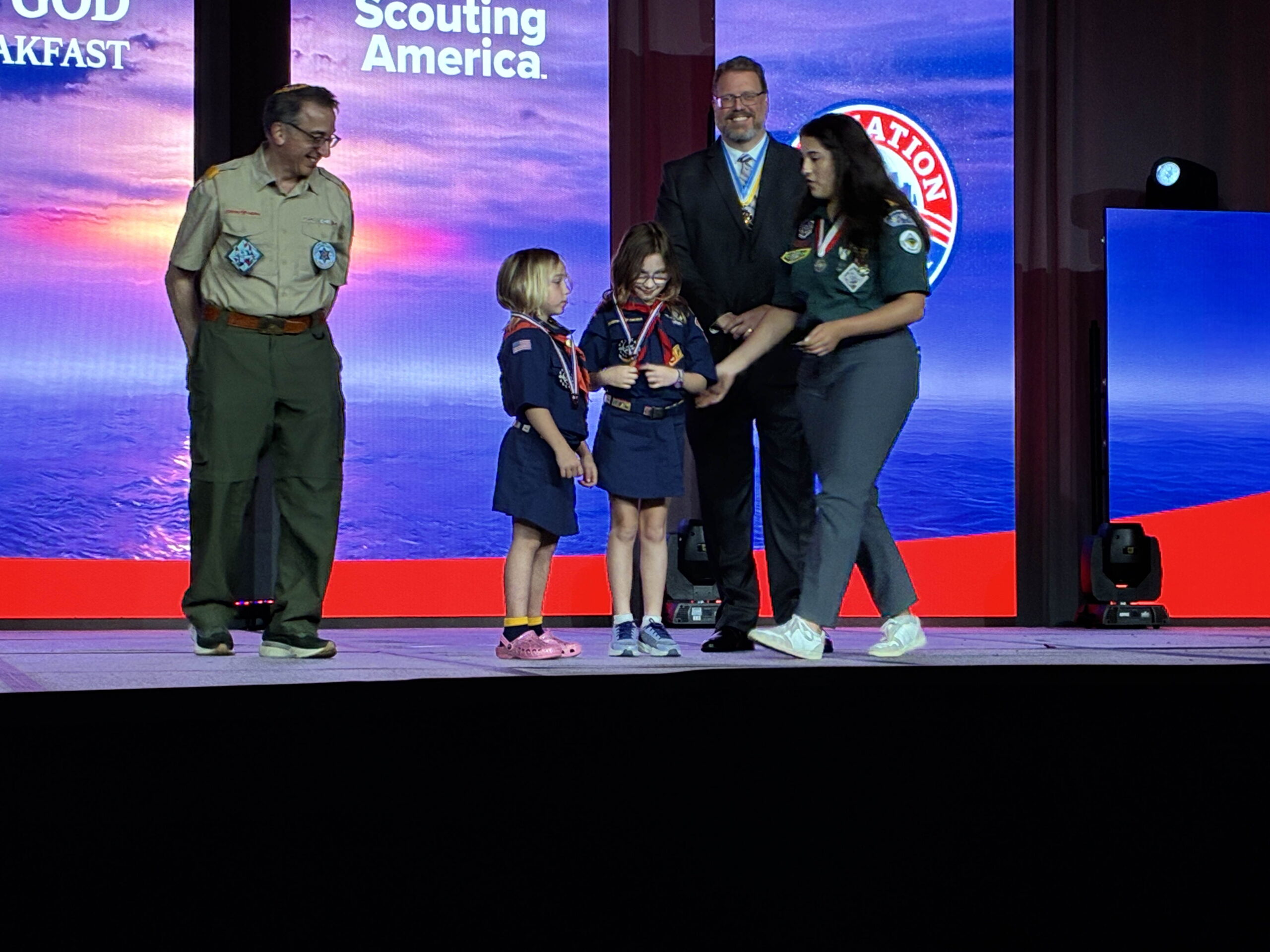 Claire & Hannah Massimini receiving the Aryeh Religious Emblem