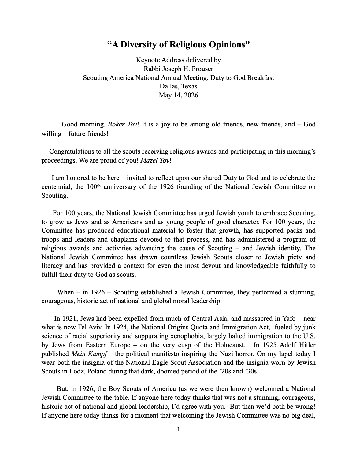 Keynote Address delivered by Rabbi Joseph H. Prouser - click to read